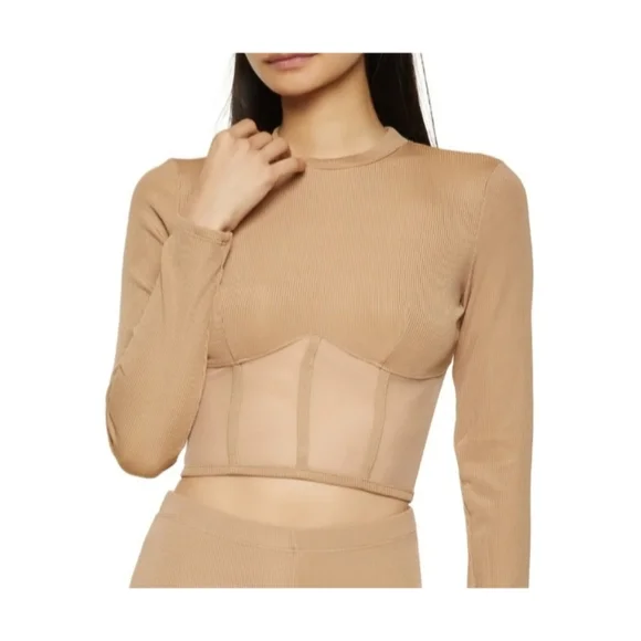 Long Sleeve NWOT Ribbed Knit Mesh Crop Top - Picture 1 of 5